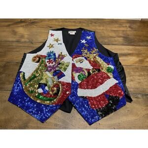 Vintage Fashion Fantasy Christmas Tree Santa Embellished Sequin Vest Women’s XL